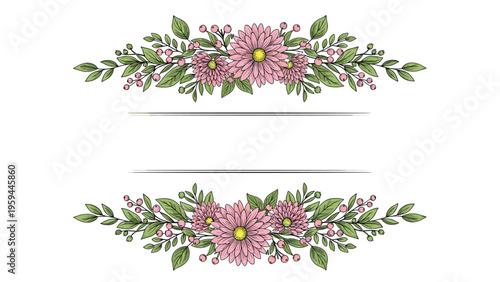 Symmetrical horizontal floral frame or banner composed of pink chrysanthemums and green leaves on a white background with space for text.