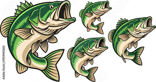 Largemouth bass jumping vector set, green fish mascot illustrations for fishing tournaments, largemouth bass collection for outdoor sports apparel