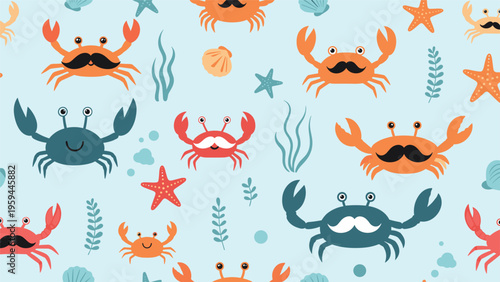 Fun maritime seamless pattern shows orange and blue crabs with mustaches swimming with starfish and seaweed on a blue background.