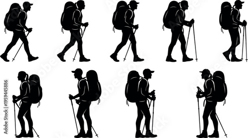 Hiking Silhouettes Set of Men and Women Backpackers with Trekking Poles and Gear Walking Outdoors for Mountain Adventure and Travel