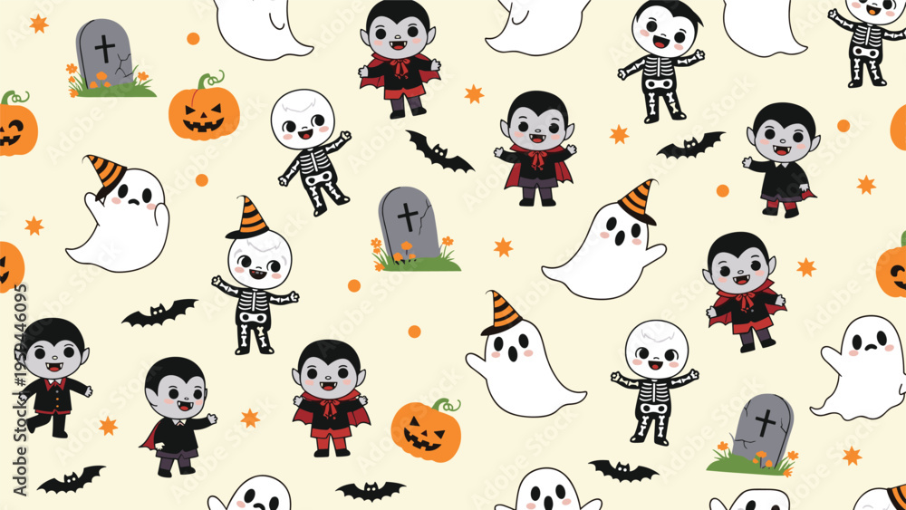 Fototapeta premium Cute seamless halloween pattern for children with friendly vampires, skeletons, ghosts, and pumpkins on cream background.