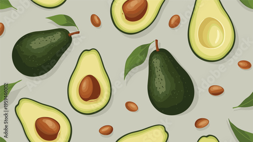 Healthy food seamless pattern features whole green avocados and sliced halves with brown pits scattered on a light background.