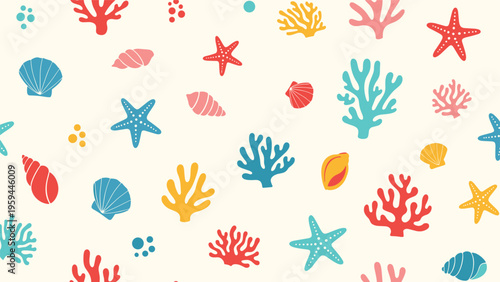 Colorful ocean themed seamless pattern features various sea shells, starfish, and branches of coral on a light background.