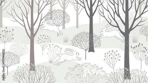 Beautiful winter woodland seamless pattern features white rabbits hopping through a forest of trees and shrubs in the snow.