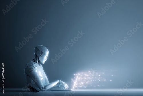 humanoid robot assisting programmer at laptop with holographic code interface, AI copilot and future workplace automation concept