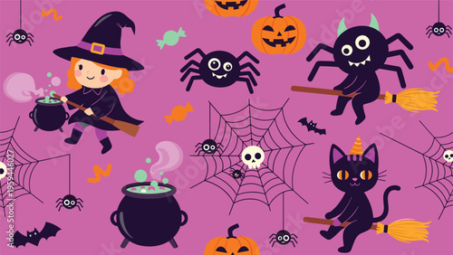 Seamless halloween pattern featuring cute witches on brooms, black cats, spiders, and pumpkins over purple backdrop.
