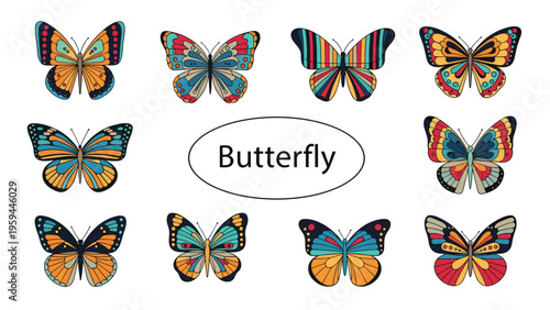Collection of ten diverse colorful butterfly species illustrations arranged around central text label on white background.