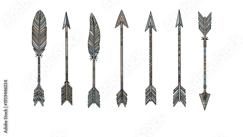 Set of illustrated tribal arrows features decorative shafts, stone points, and various bird feathers in an ethnic style.