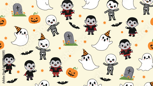 Cute seamless halloween pattern for children with friendly vampires, skeletons, ghosts, and pumpkins on cream background.