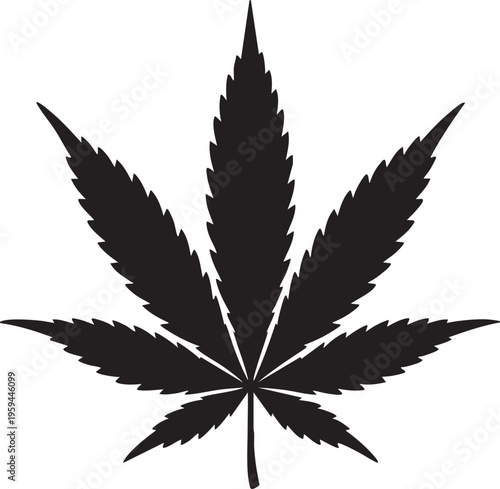 A black silhouette of a cannabis leaf on a gray background, representing marijuana, hemp, or medical cannabis concepts.