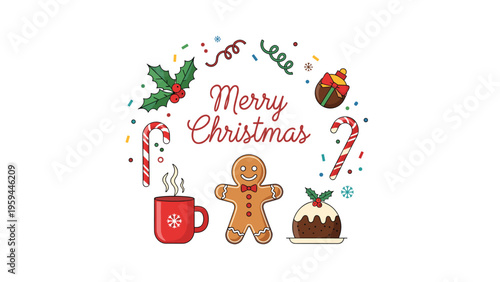 Christmas wreath design with gingerbread man, festive pudding, candy canes, and mistletoe surrounding holiday greeting.