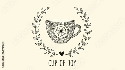 Artistic circular wreath framing highly decorated teacup with mandala patterns and heart below cup of joy message.
