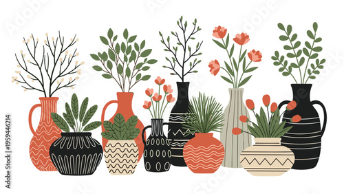 Various indoor plants and flowers arranged in decorative ceramic pots and vases with different patterns and colors on a white background.