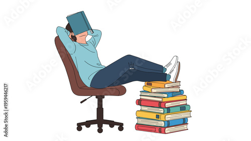 Humorous illustration of person napping in office chair with book over face and feet propped on tall stack of books.