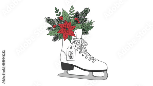 White figure ice skate filled with a winter holiday bouquet featuring a red poinsettia and evergreen branches on a plain background.