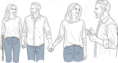 Couple walking and talking line art illustration set, vector design of man and woman interaction showing relationship communication and lifestyle moments
