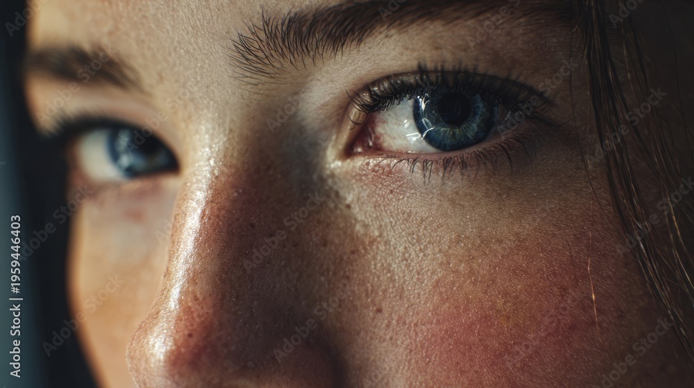 Fototapeta premium A very close-up shot of a young person's expressive blue eye, teary and reflective, with visible freckles and the subtle emotion of sadness or vulnerability.