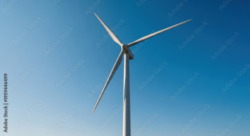 Fototapeta premium Majestic wind turbine dominates the expansive blue sky highlighting renewable energy and a sustainable future in Romania