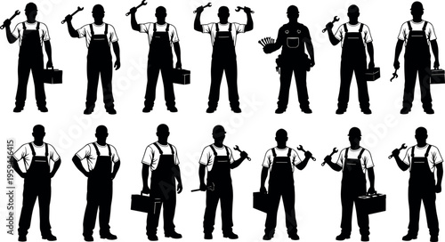 Set of Professional Handyman Silhouettes Wearing Overalls and Hard Hats Holding Wrenches and Toolboxes for Construction and Repair Service Industry Graphics