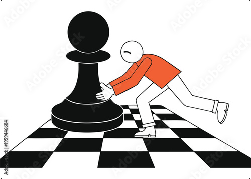 Person pushing a giant chess pawn on a chessboard, symbolizing strategic effort and overcoming challenges.