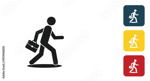 A dynamic stick figure icon portraying a determined businessman in motion, carrying a sleek briefcase while striding forward with purpose, perfect for illustrating concepts of ambition, daily commute,
