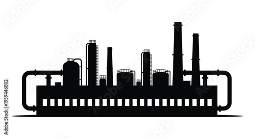Industrial factory silhouette vector illustration with multiple smokestacks, storage tanks, and pipelines graphic design.