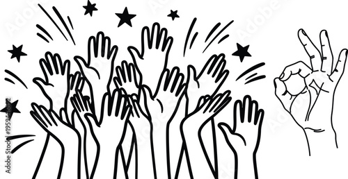 A group of hands raised in celebration with stars and lines
