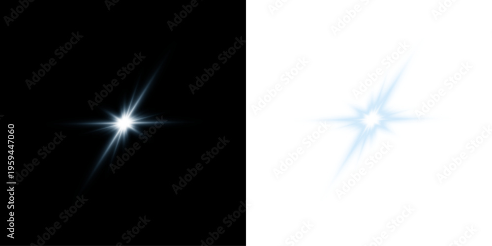 Fototapeta premium Set of white glowing starburst light flares, abstract sparkle flashes, realistic lens flare effects collection