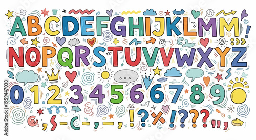 Hand drawn colorful alphabet vector set, playful doodle letters and numbers, creative school typography with cute icons and symbols for kids