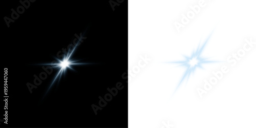 Set of white glowing starburst light flares, abstract sparkle flashes, realistic lens flare effects collection