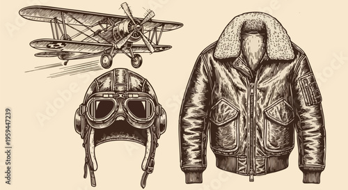 Vintage aviation vector set, hand drawn biplane with pilot helmet and goggles, retro leather bomber jacket with fur collar, antique flight gear