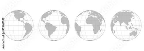 Set of gray world map globes with grid lines in different orientations on a light background.