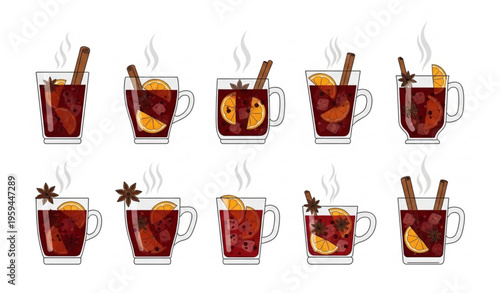 Hot winter cocktails collection vector with mulled wine hot toddy and spiced drinks isolated on white background