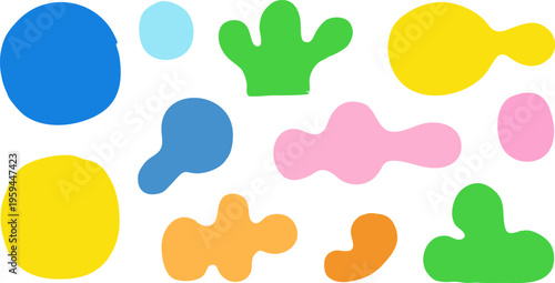 Abstract organic blob shapes vector set, colorful hand drawn liquid elements, playful amoeba silhouettes for modern graphic design and branding