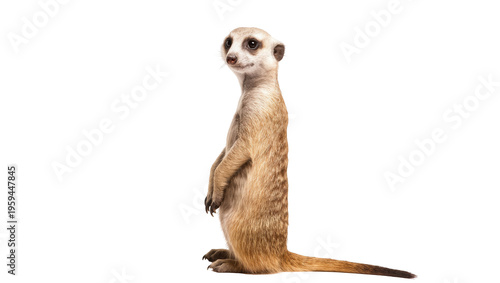 Fotografie Alert and curious meerkat standing on hind legs, looking sideways with keen inte