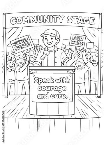 coloring book page speaking with courage and care on a community stage