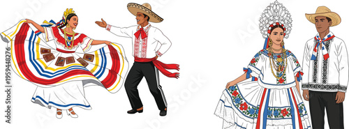 Traditional Mexican folk dancers in regional costumes, vector illustration of cultural couple performing dance with colorful dress and embroidered attire
