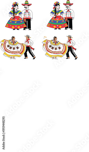 Traditional Mexican dancers in colorful folk costumes, vector illustration set of cultural couples performing in vibrant dresses and sombreros