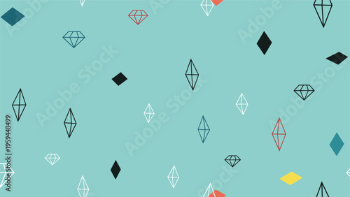 Simple seamless pattern with various geometric diamond shapes in black, white, red, and yellow on a light teal background.