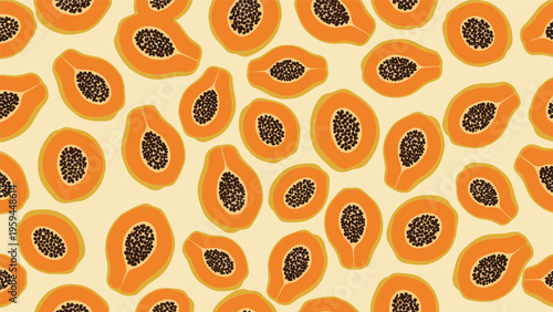 Vibrant seamless pattern featuring slices of orange papaya fruit with black seeds on a soft cream background for food and health designs.