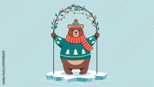 Cute brown bear wearing a blue Christmas sweater and red hat standing on an ice floe holding a garland of lights over its head.