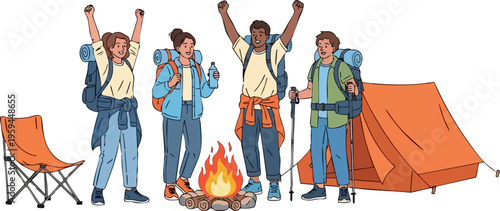 Diverse group of hikers camping around a bonfire, friends with backpacks celebrating at a campsite, outdoor adventure vector illustration