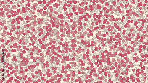 Dense and delicate seamless pattern of small red berries and grey leaves on a light beige background perfect for autumn and winter themes.