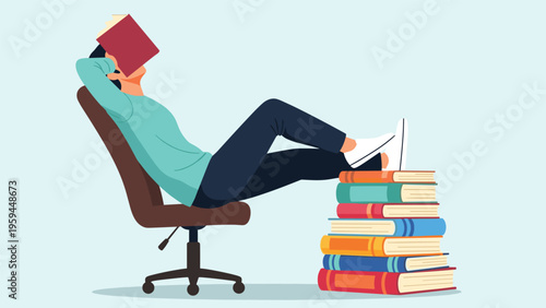 Man relaxing in an office chair with his feet up on a stack of books and another book covering his face while he naps at home.