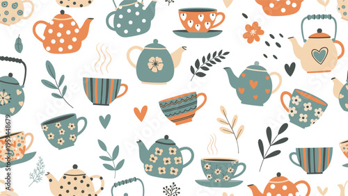 Charming seamless pattern featuring various teapots and teacups with different patterns like dots and flowers mixed with leaves and hearts.