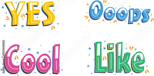 Collection of vibrant text stickers including yes, oops, cool, and like, with dynamic designs and starry accents, ideal for digital communication