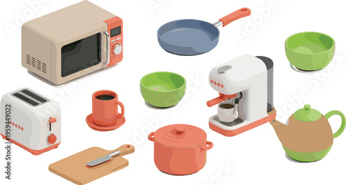 Kitchen appliances and cookware set in isometric style, vector illustration of microwave toaster coffee machine frying pan and utensils