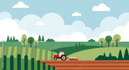 Flat Vector Illustration of a Red Tractor Plowing a Field, Rural Farm Landscape with Green Rolling Hills, Trees, and Blue Sky
