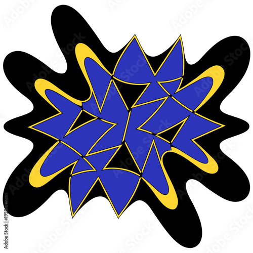 Abstract geometric explosion with blue triangles and yellow organic shapes on black