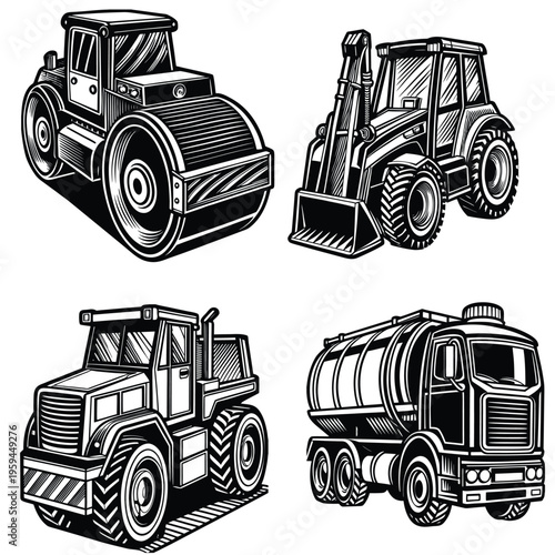 Road Roller and Tractor Heavy Machinery Construction Illustration